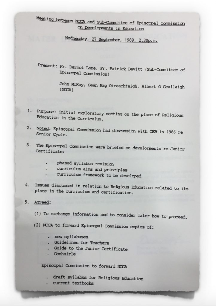 Minutes of Meeting between NCCA and Catholic Church from 27th September 1989