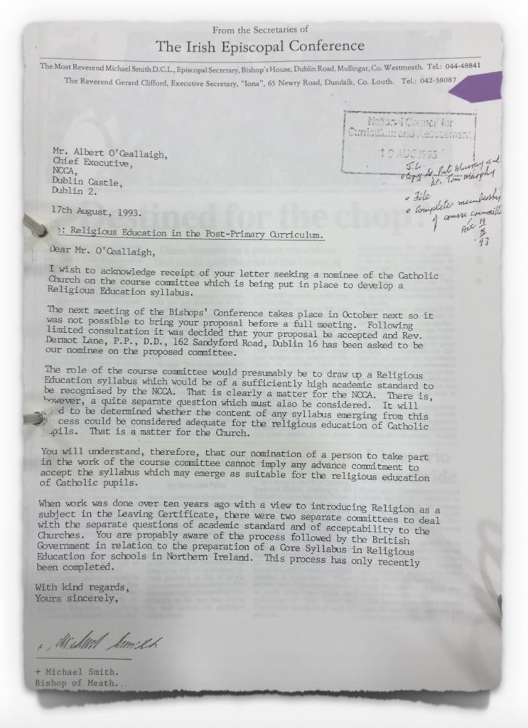 Letter from Episcopal Conference to NCCA on 17th August 1993