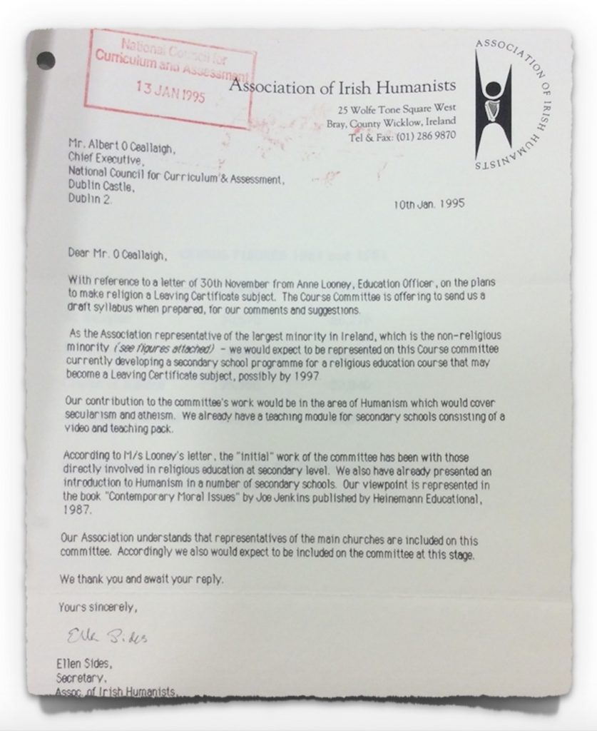 Humanist Letter to NCCA on 10th January 1996