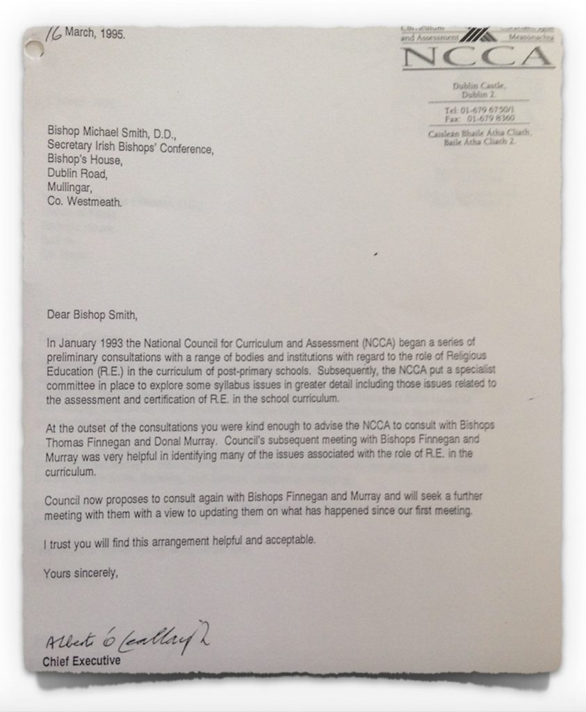 Letter from NCCA to Bishop Smith on 16th March 1995