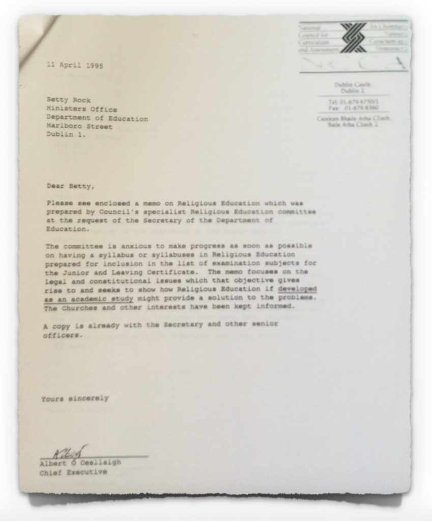 NCCA Letter to Department of Education from 11th April 1995