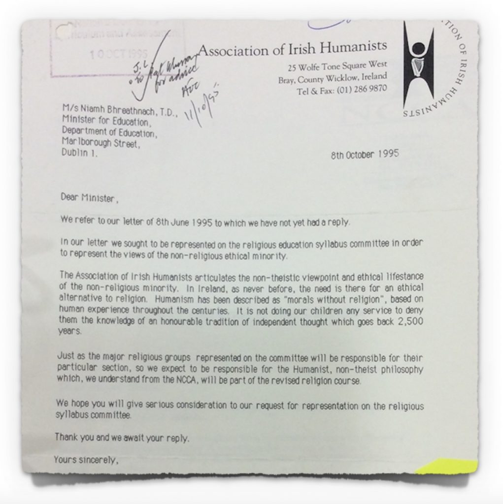 Humanist Letter to Minister for Education on 8th October 1995