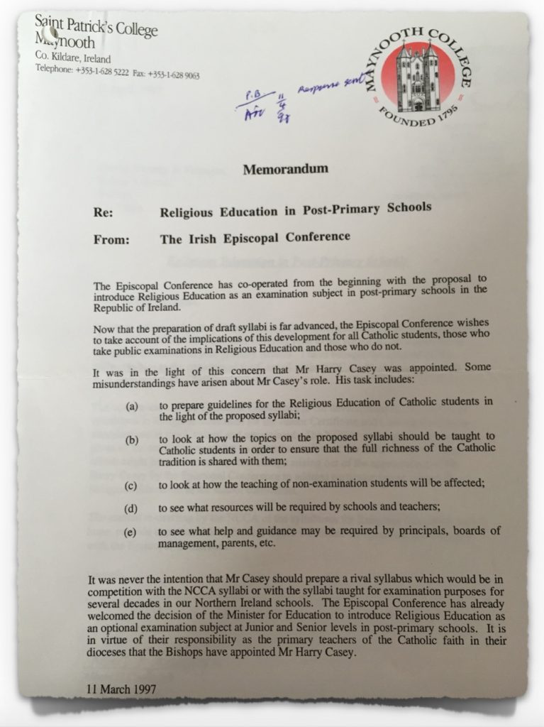 Catholic Church Letter to NCCA on 11th March 1997