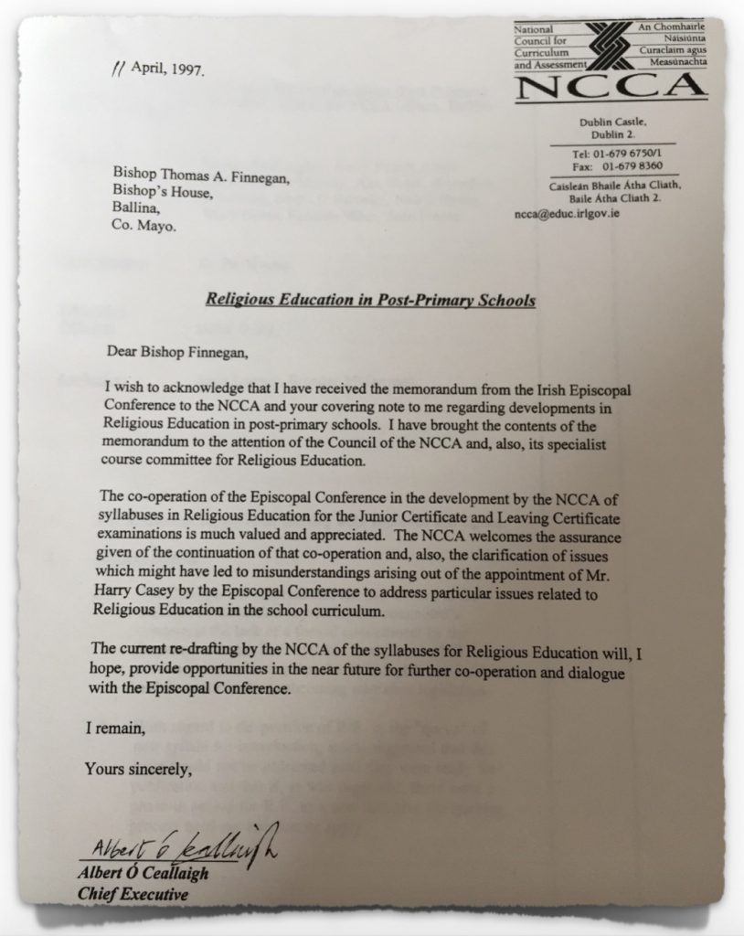 NCCA Letter to Catholic Church from 11th April 1997