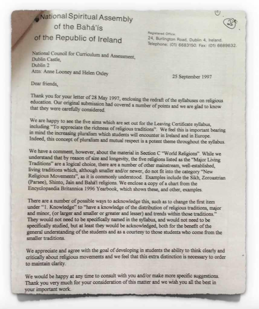 Bahá’ís Letter to NCCA on 25th September 1997