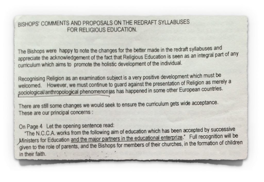 Extract 1 from Irish Bishops' Submission to NCCA from 23rd October 1997