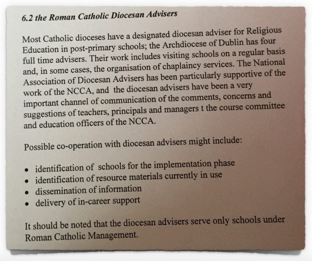 Comments on diocesan advisers from NCCA Strategy Paper of 19th November 1997