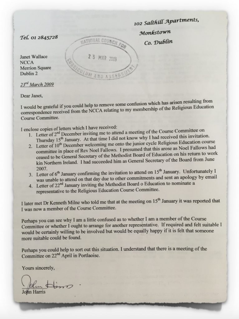 Methodist Letter to NCCA on 23rd March 2009