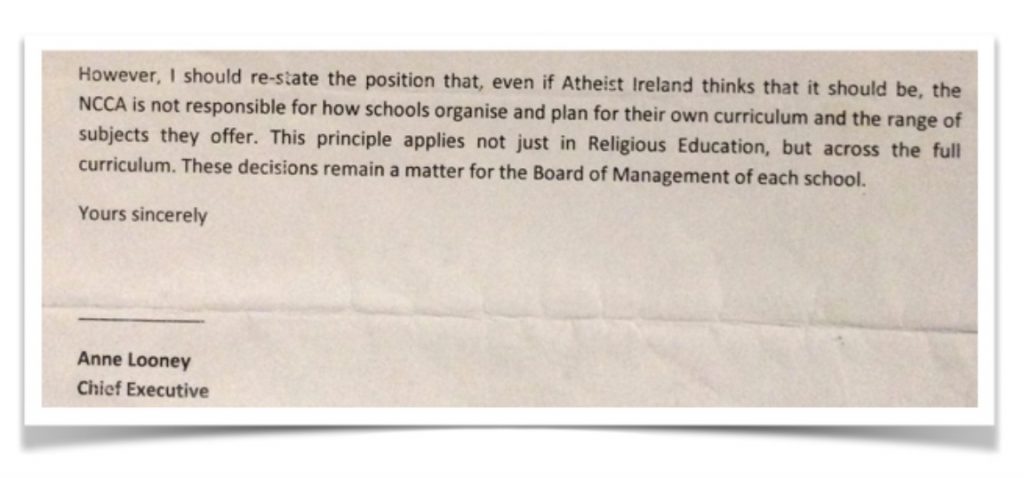 Extract from NCCA letter to Atheist Ireland, December 2010