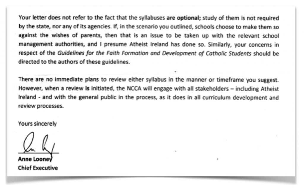 Extract from NCCA letter to Atheist Ireland, October 2010