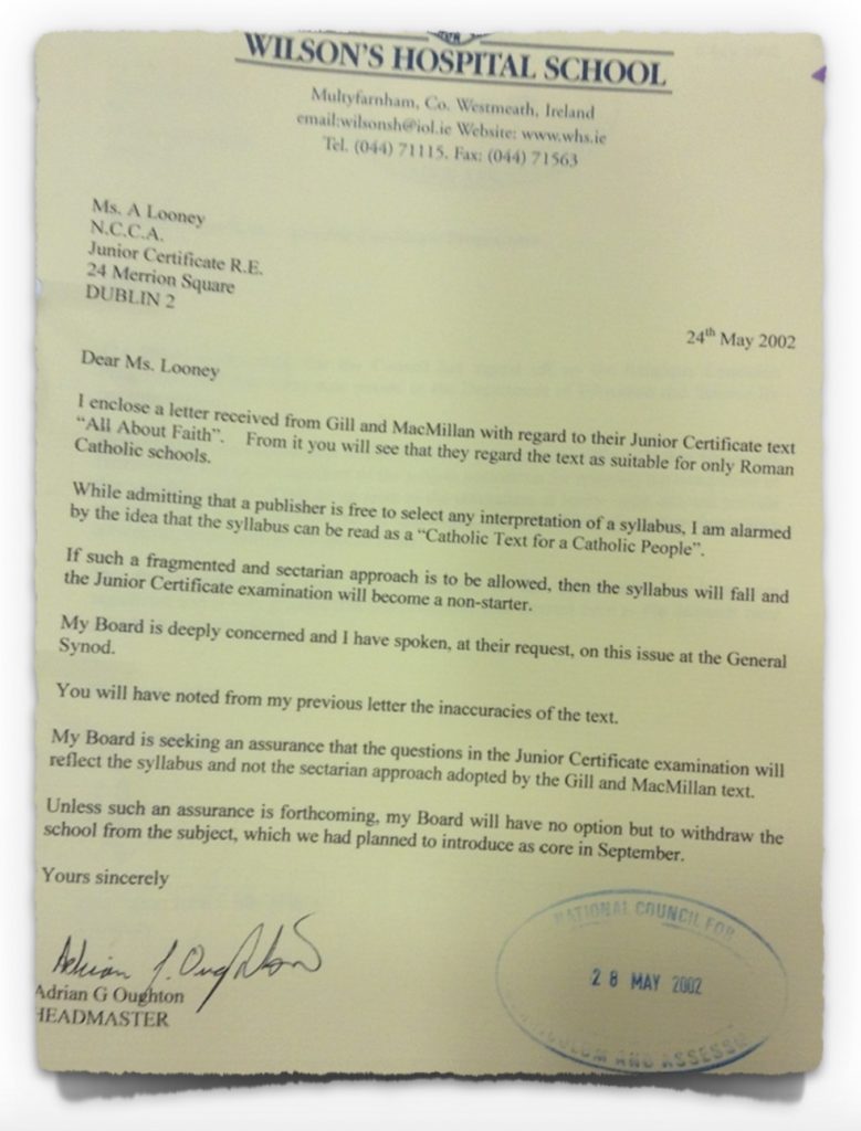 Letter from Church of Ireland school, 24th May 2002