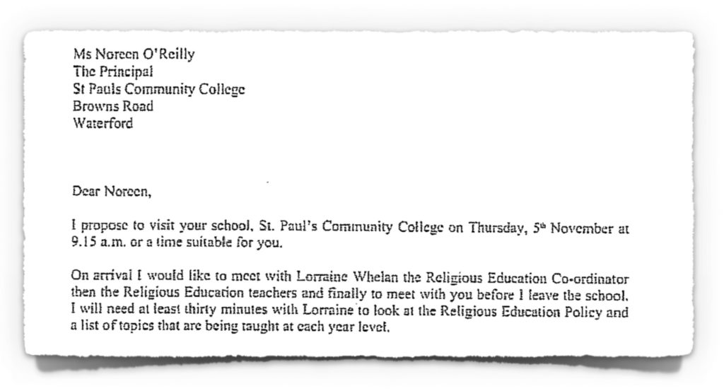 2015-10-20 Letter from Diocesan Advisor to ETB School Principal