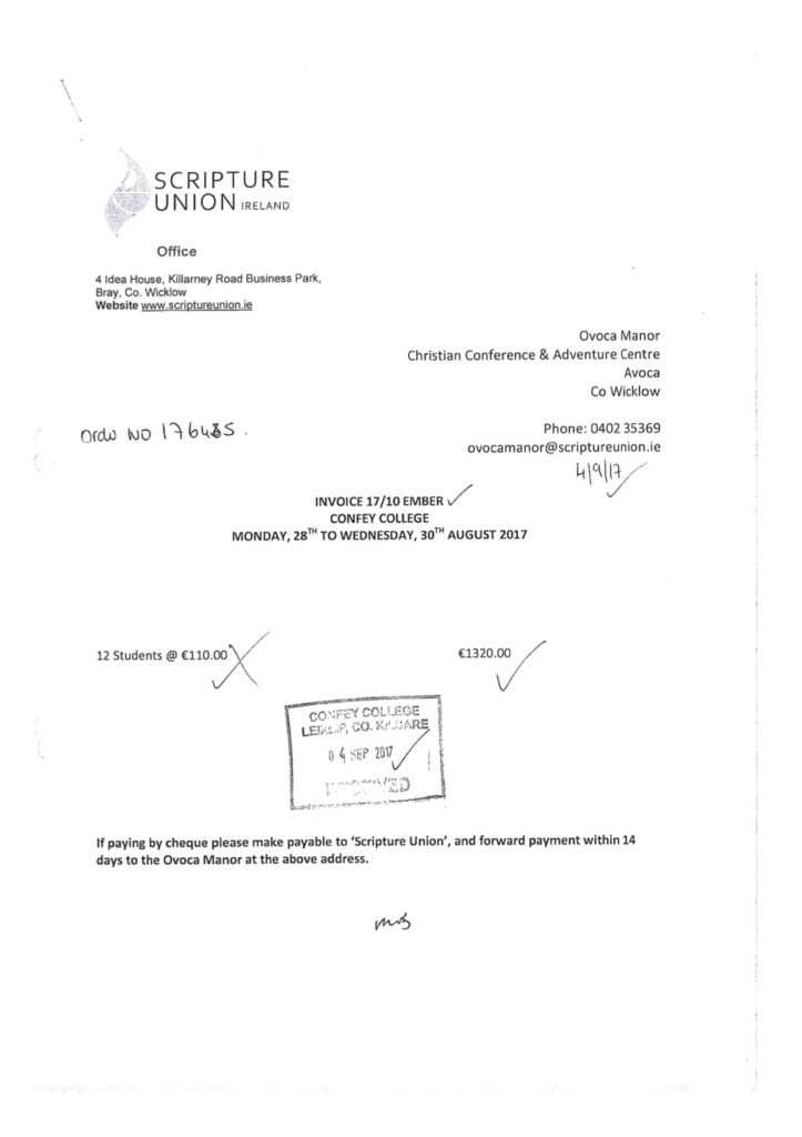 Invoice for Ember Faith Leadership Programme paid by Confey College