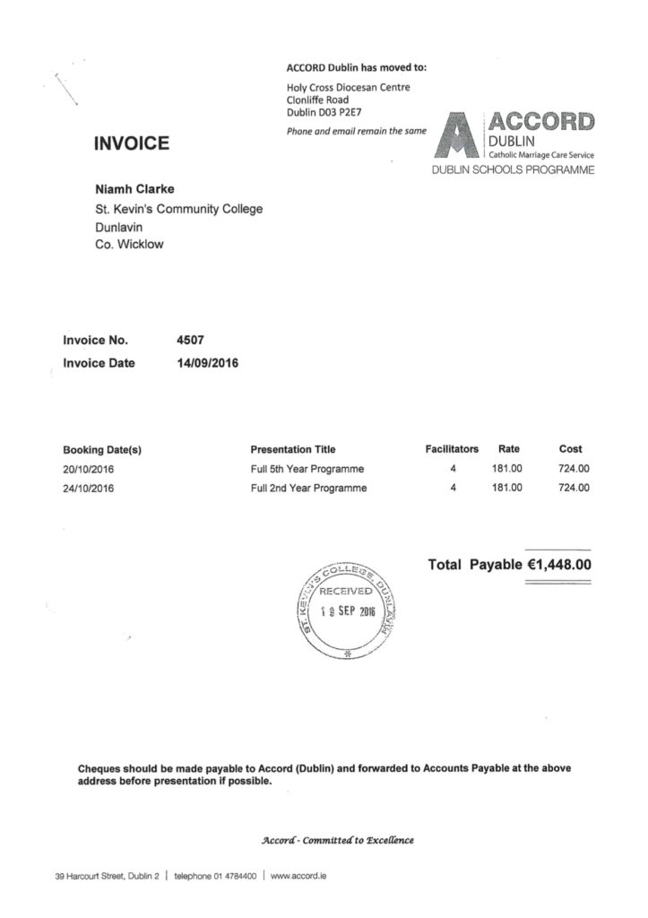 Invoice from Accord to St Kevin's Community College for Sex-Ed Programme